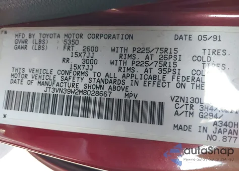 1991 Toyota 4Runner Vn39 Sr5 from USA, damaged, VIN JT3VN39W2M8028667